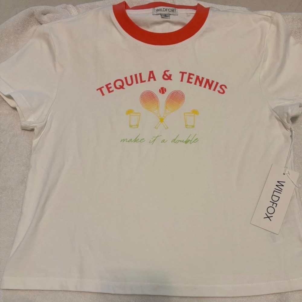 Wildfox Tshirt Jamie Snow White/orange Size Small Tequila & Tennis